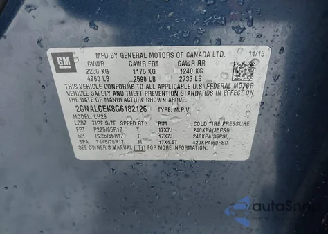 2016 Chevrolet Equinox Lt from USA, damaged, VIN 2GNALCEK8G6182126